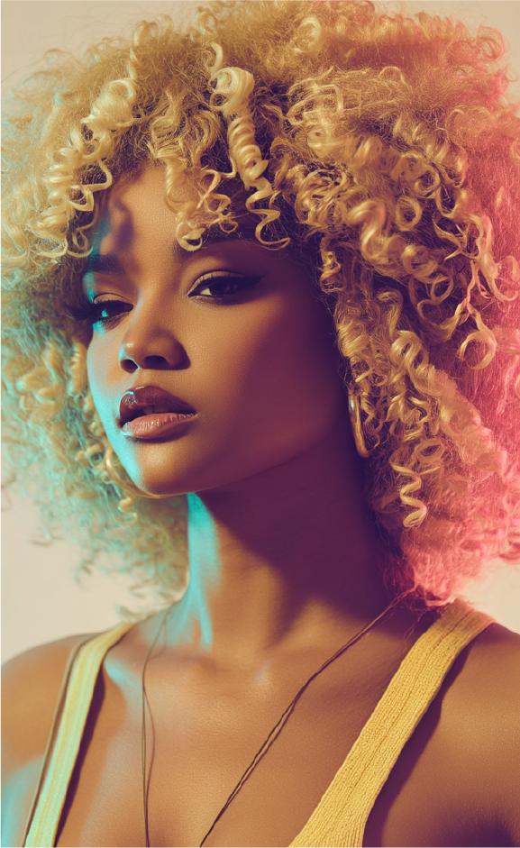 Tera with golden curls and warm lighting.